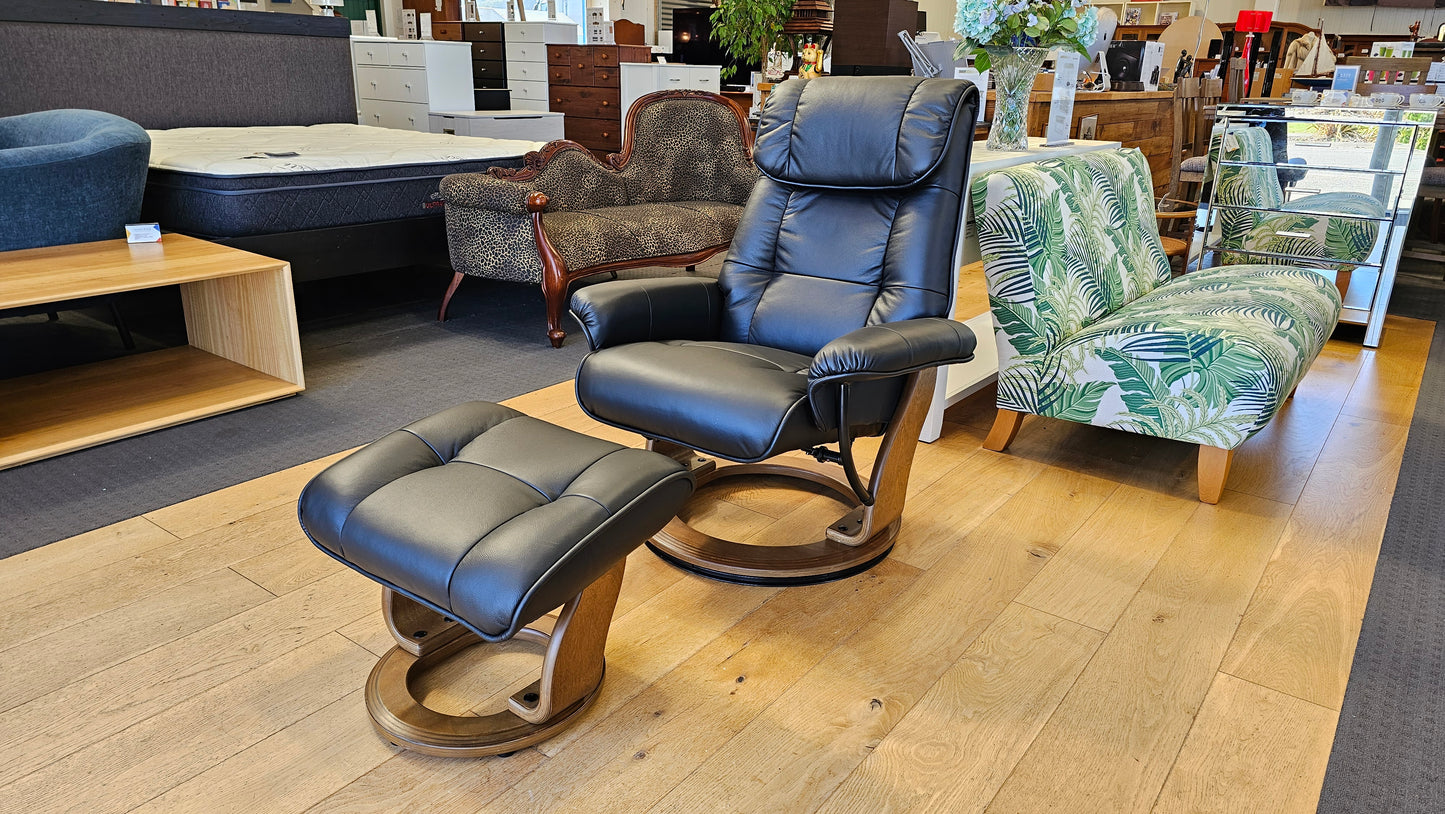 Mursa Leather Chair & Foot Stool - Black