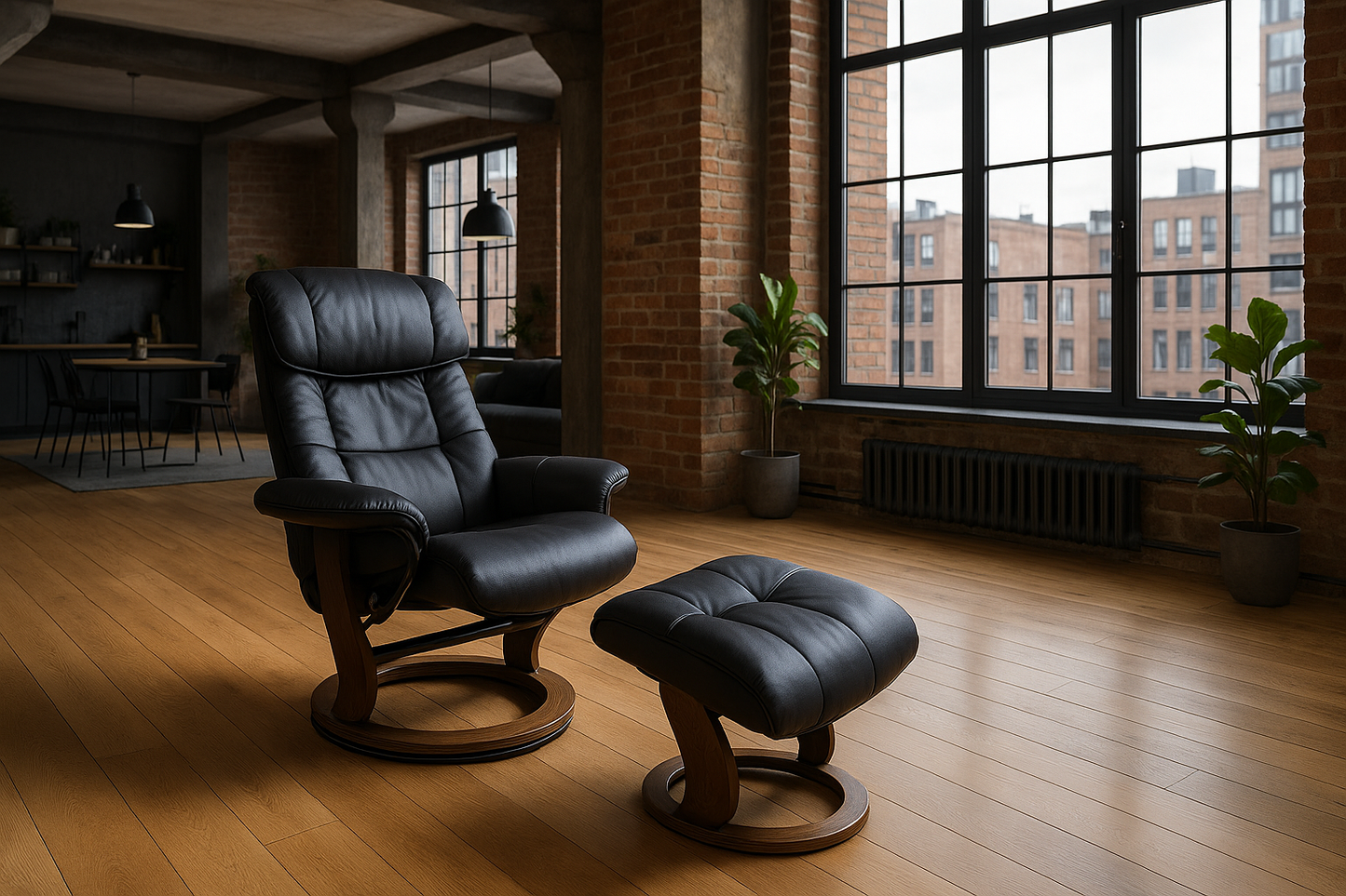 Mursa Leather Chair & Foot Stool - Black